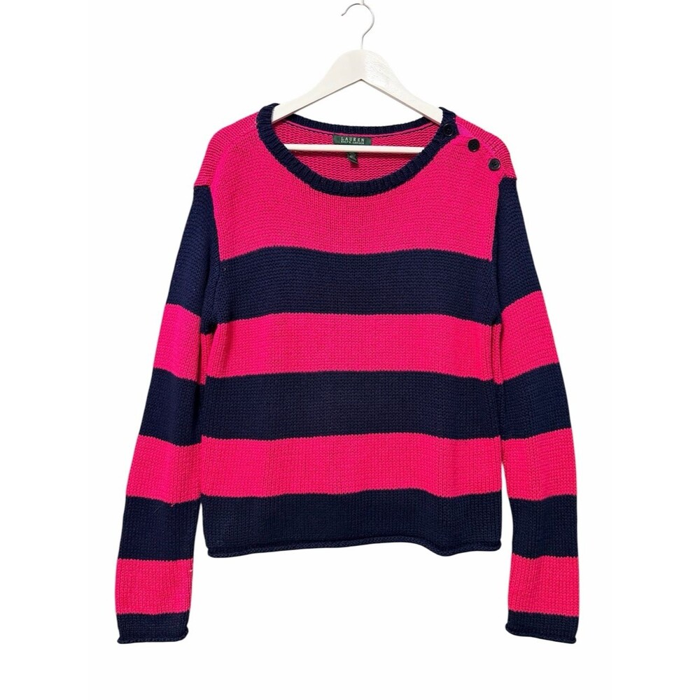 Lauren Ralph Lauren Bold Stripe Sweater Size XL Pink Navy Button Shoulder Preppy